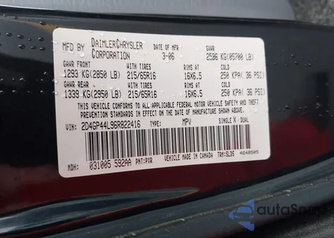 2006 Dodge Grand Caravan Sxt z USA, uszkodzony, nr VIN 2D4GP44L96R822416